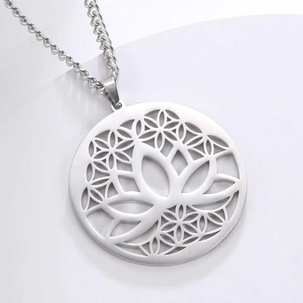 Dawapara Lotus Flower of Life Necklace Stainless Steel Women Jewelry Buddhism Peace Symbol Yoga Meditation Amulet Pendant