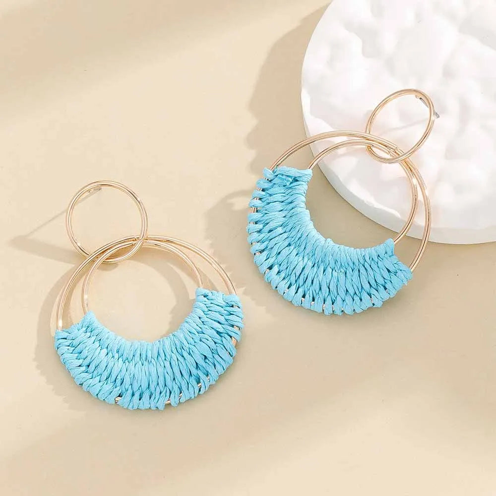 Raffia Hoop Earrings for Women Girls Fun Boho Summer Beach Earrings Lightweight Handmade Straw Wicker Rattan Dangle Earrings