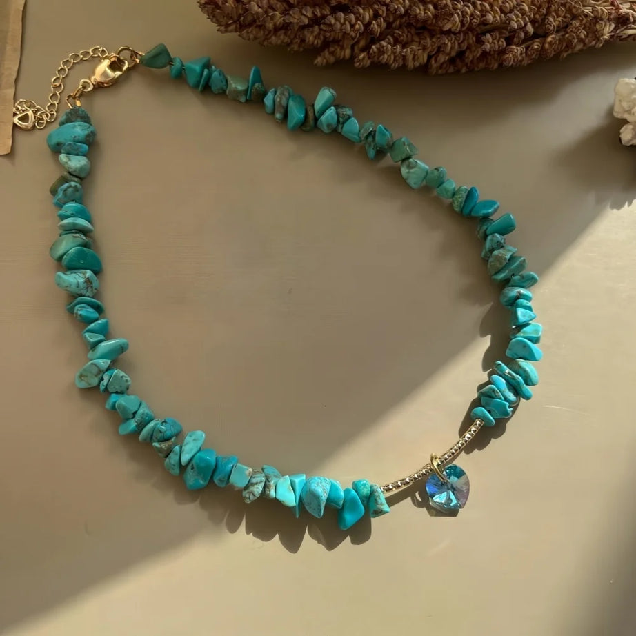 Boho Gravel Choker Blue Chip Turquois Pink Natural Stone Chips Necklaces For Women Heart Crystal Pendant Jewelry Gift For Women - Charlie Dolly