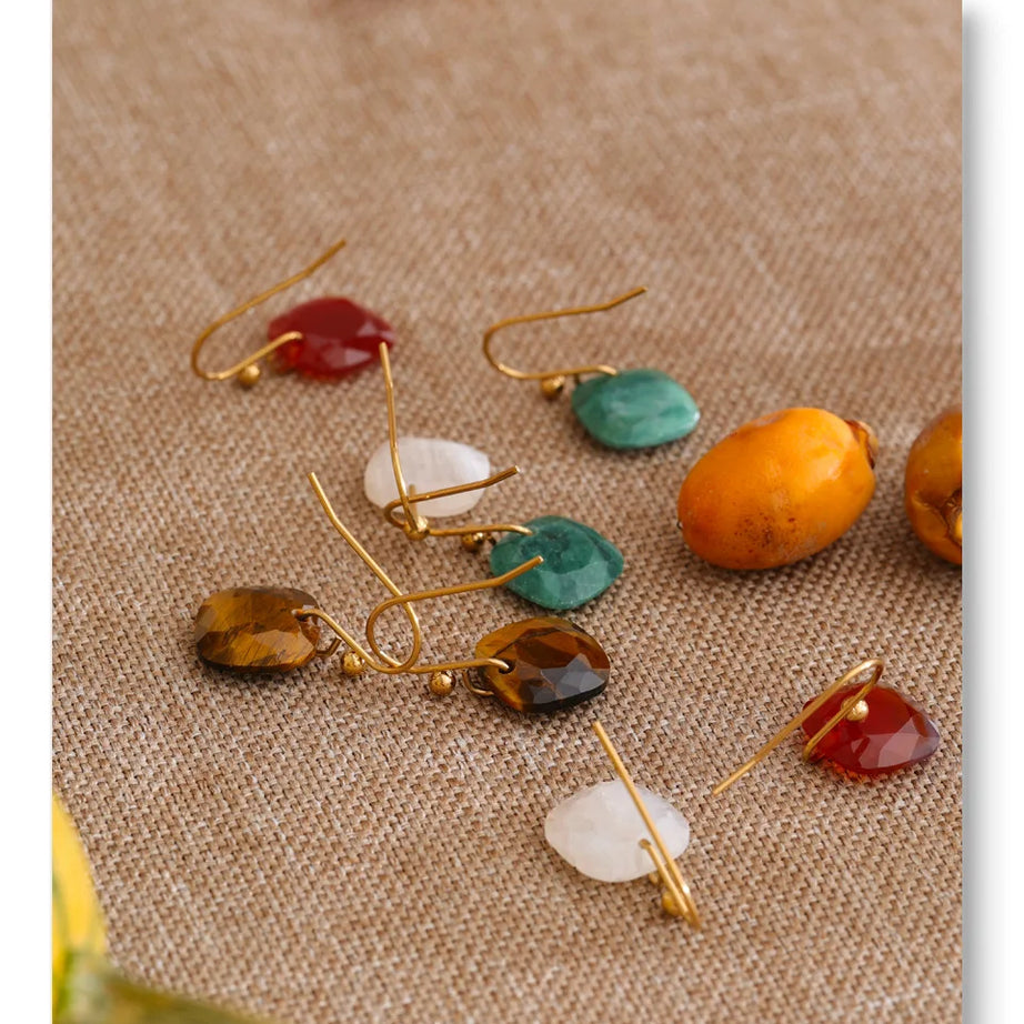 Natural Stone Square Drop Earrings, Tiger Eye Agate 14K Gold-Plated Stainless Steel Jewelry