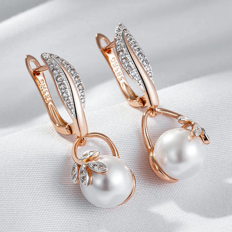Crystal Flower Pearl Rose Gold Drop Earrings Jewelry