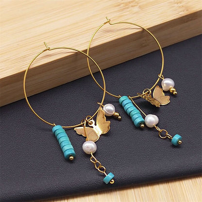 Boho Butterfly Pearl Tassel Hoop Earrings for Women Stainless Steel Blue Bead Dangle Earring Kpop Party Jewelry Gift