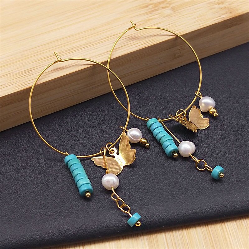 Boho Butterfly Pearl Tassel Hoop Earrings for Women Stainless Steel Blue Bead Dangle Earring Kpop Party Jewelry Gift - Charlie Dolly