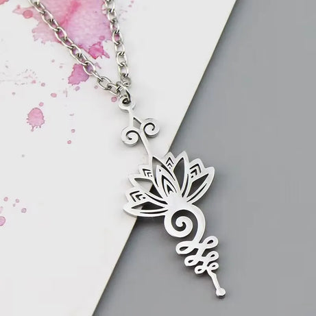 Unalome Lotus Pendant, Stainless Steel Yoga Sacred Path Necklace
