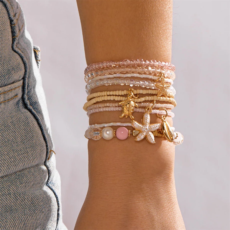 Sea Turtle and Starfish Layered Boho Bracelet Set