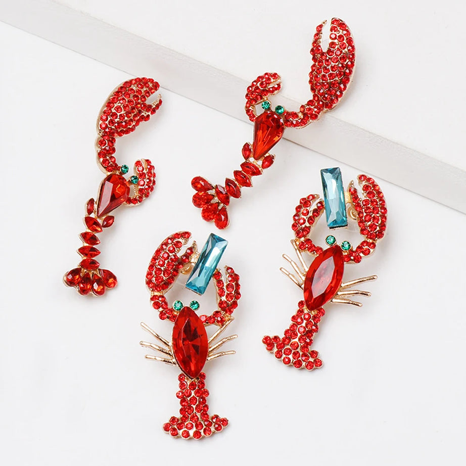 Red Rhinestone Lobster Beach Dangle Earrings Jewelry
