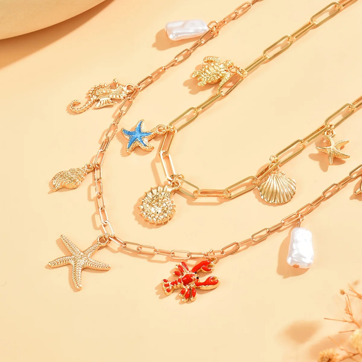 Boho Layered Ocean Charm Necklace Set Paperclip Chain Starfish Shell Seahorse Lobster Faux Pearl Summer Beach Jewelry for Women