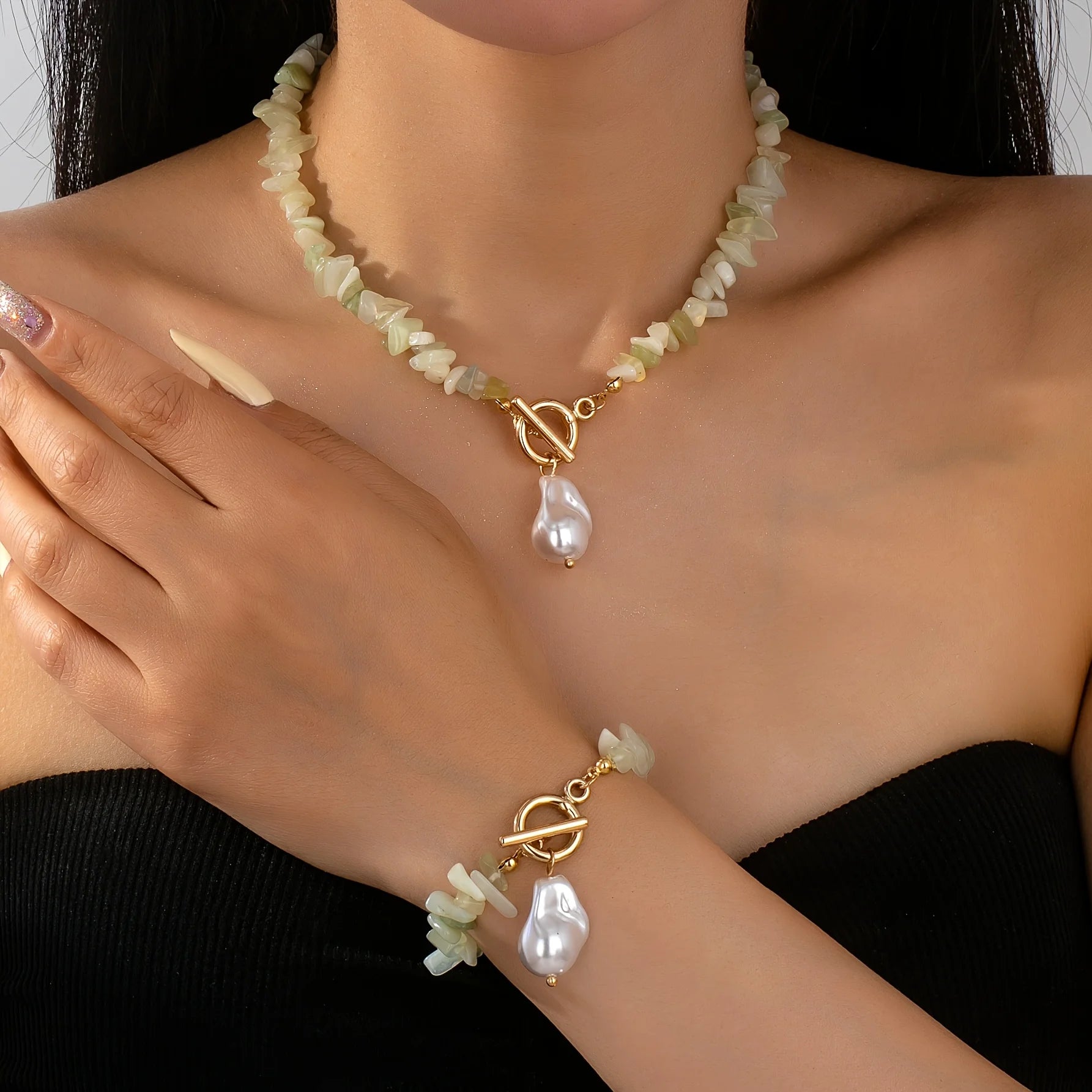 Boho Green Natural Stone Baroque Pearl Jewelry Set 13 Colors Toggle Clasp Necklace Bracelet For Women Fashion Gift