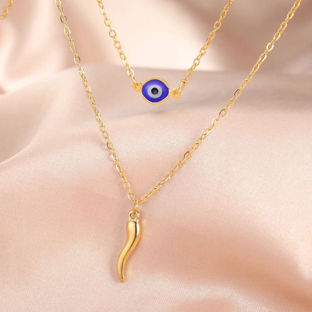 Dawapara Italian Horn and Blue Evil Eye Charm Necklace Double Layer Women Necklace Spiritual Protection Amulet Religious Jewelry