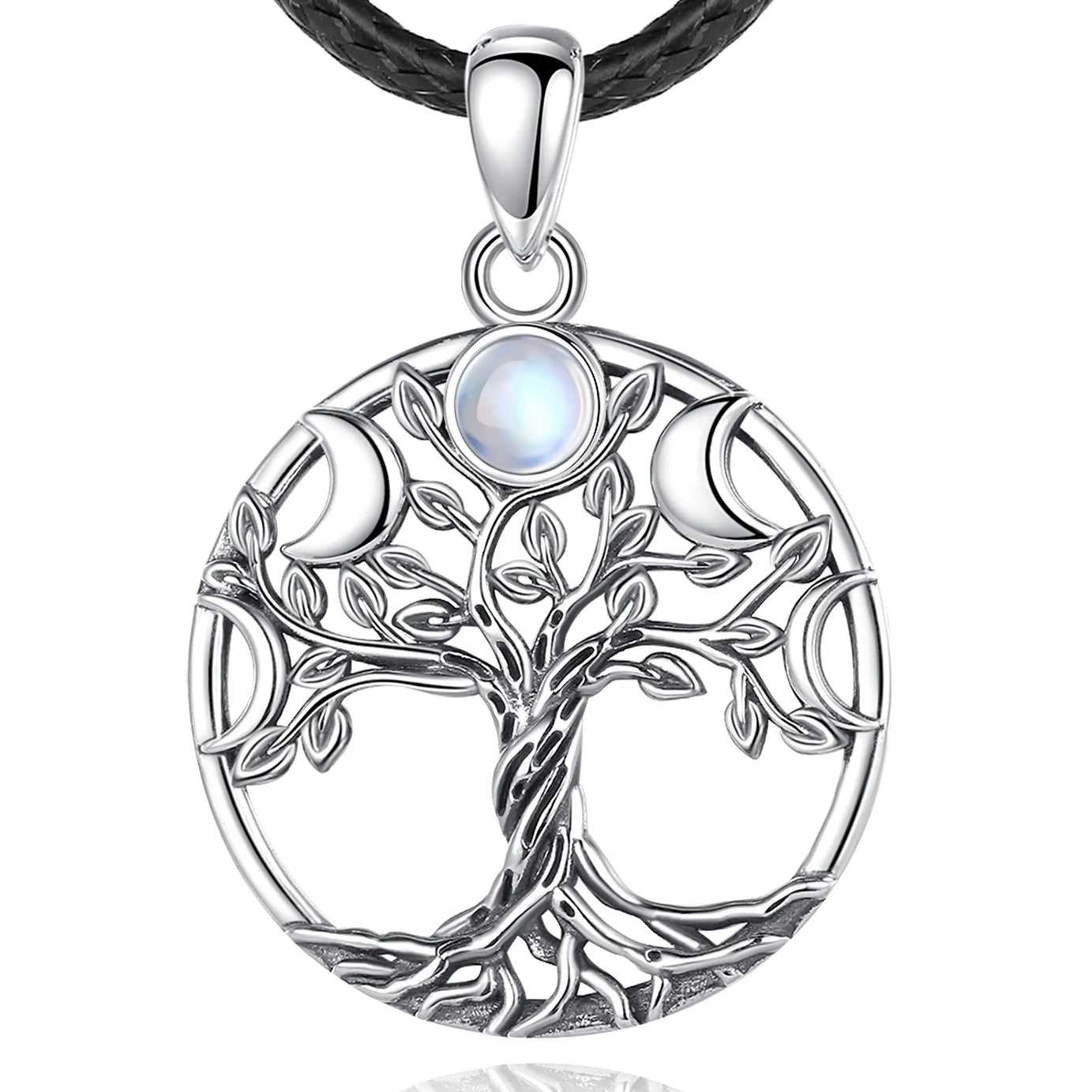 S925 Sterling Silver Tree of Life Moon Phase Necklace, Triple Moon Goddess Moonstone Amulet
