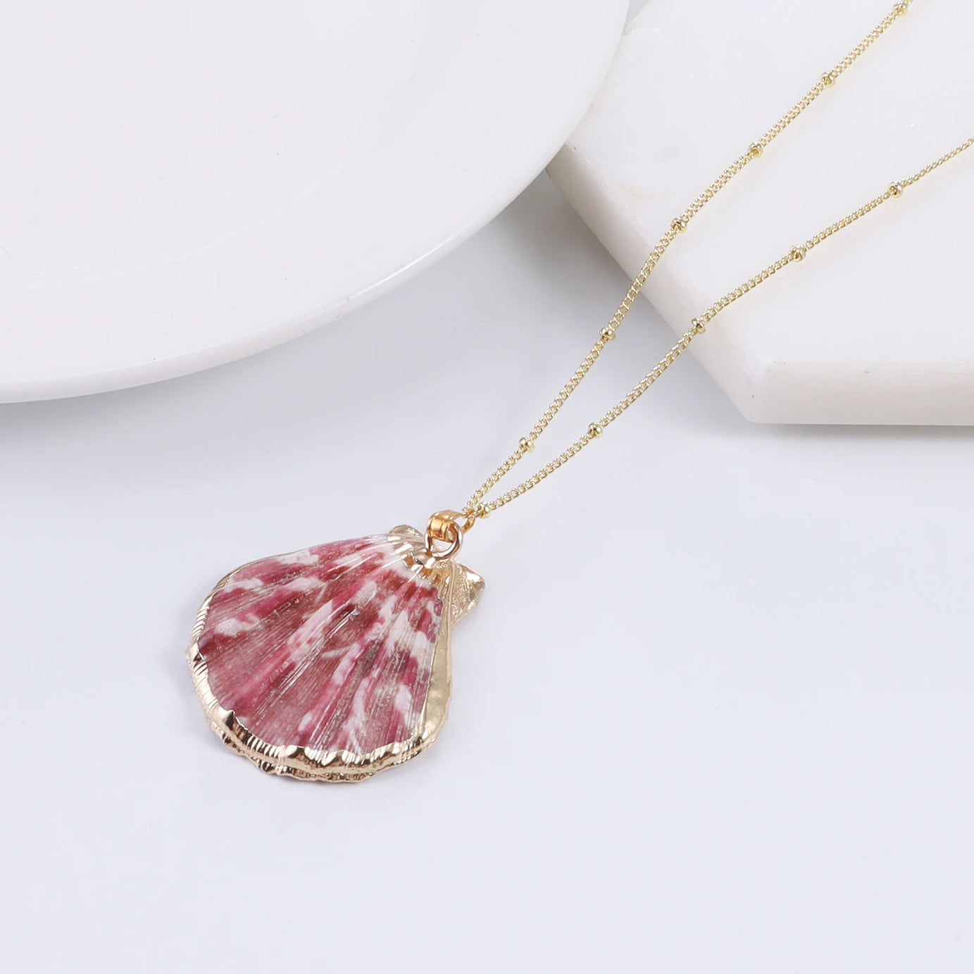 Natural Conch Shell and Gold Rim Boho Pendant Necklace