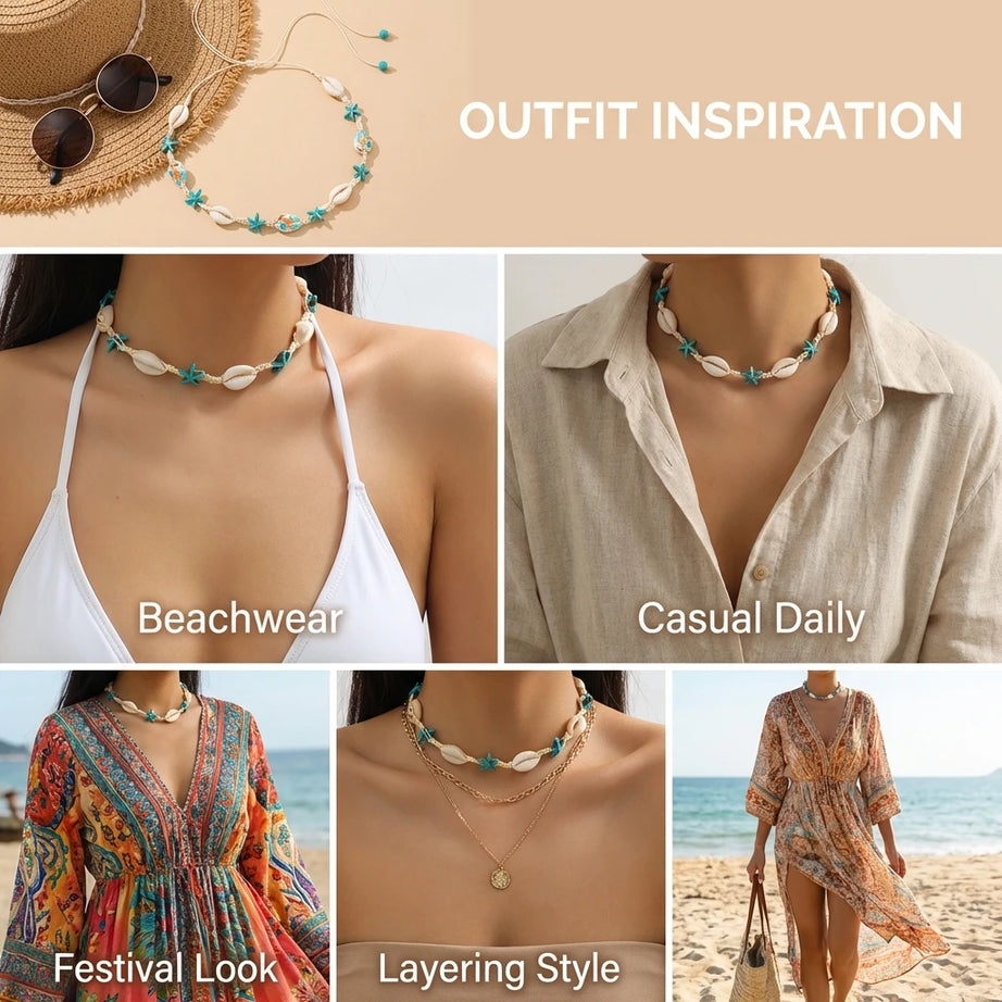 Cowrie Shell Boho Choker with Blue Starfish Beads