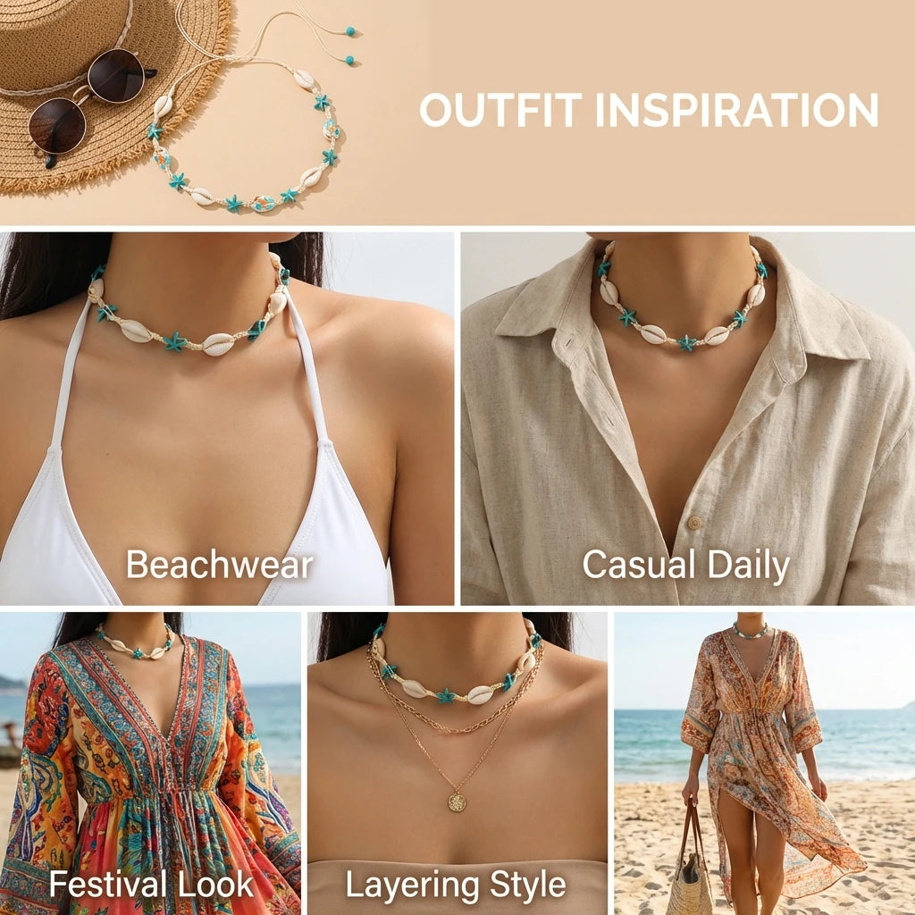 2026 Summer Boho Cowrie Shell Choker Necklace for Women Y2K Cute Blue Starfish Beads Collar Beach Vacation Jewelry Gift