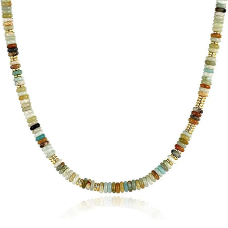 Colorful Boho Natural Stone Surfer Beach Choker 6mm Beaded Gemstone Necklace for Women 14K Gold Plated Handmade Jewelry - Charlie Dolly