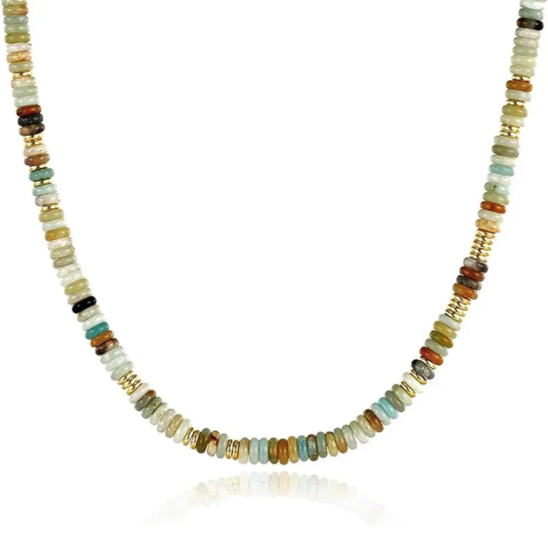 Colorful Boho Natural Stone Surfer Beach Choker 6mm Beaded Gemstone Necklace for Women 14K Gold Plated Handmade Jewelry