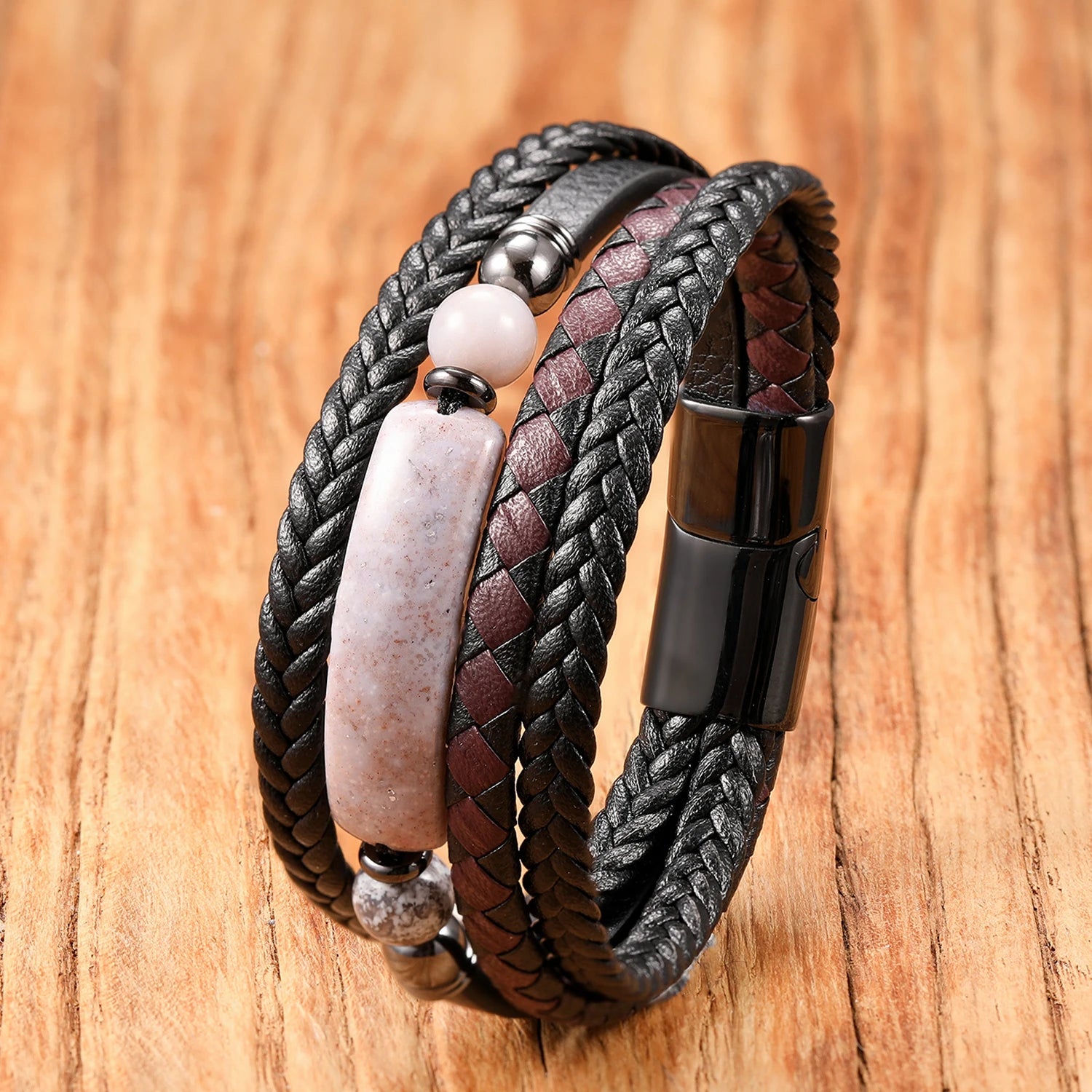Natural Stone Beads Multi-Layer Braided Leather Bracelet Wrap Boho Hippie Handmade Gift for Man Women Jewelry Accessory