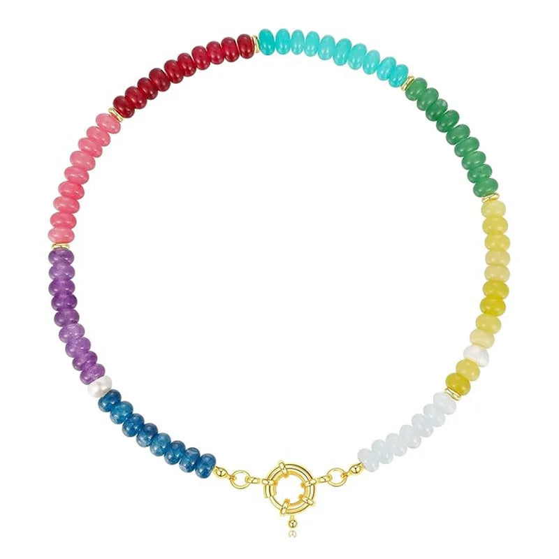 Colorful Boho Natural Stone Surfer Beach Choker 6mm Beaded Gemstone Necklace for Women 14K Gold Plated Handmade Jewelry