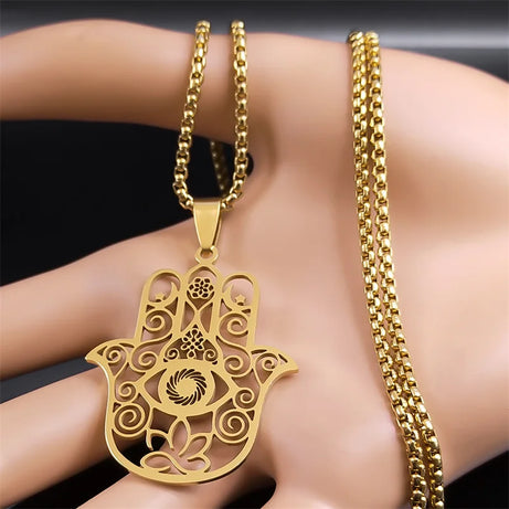 Flower of Life & Hamsa Hand Pendant, Om Lotus Eye Sacred Talisman Necklace
