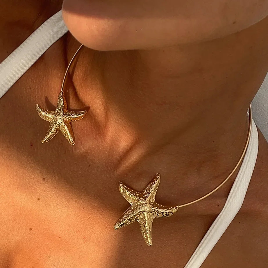 Gold Starfish and Shell Open Torque Choker Necklace