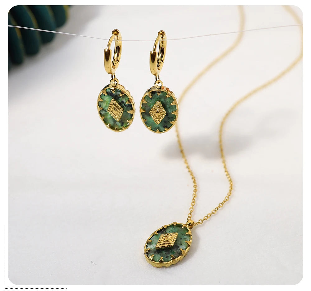 WILD & FREE Vintage Natural Stone Pendant Necklace for Women Luxury African Turquoise Drop Earrings Trendy Jewelry Set Gifts