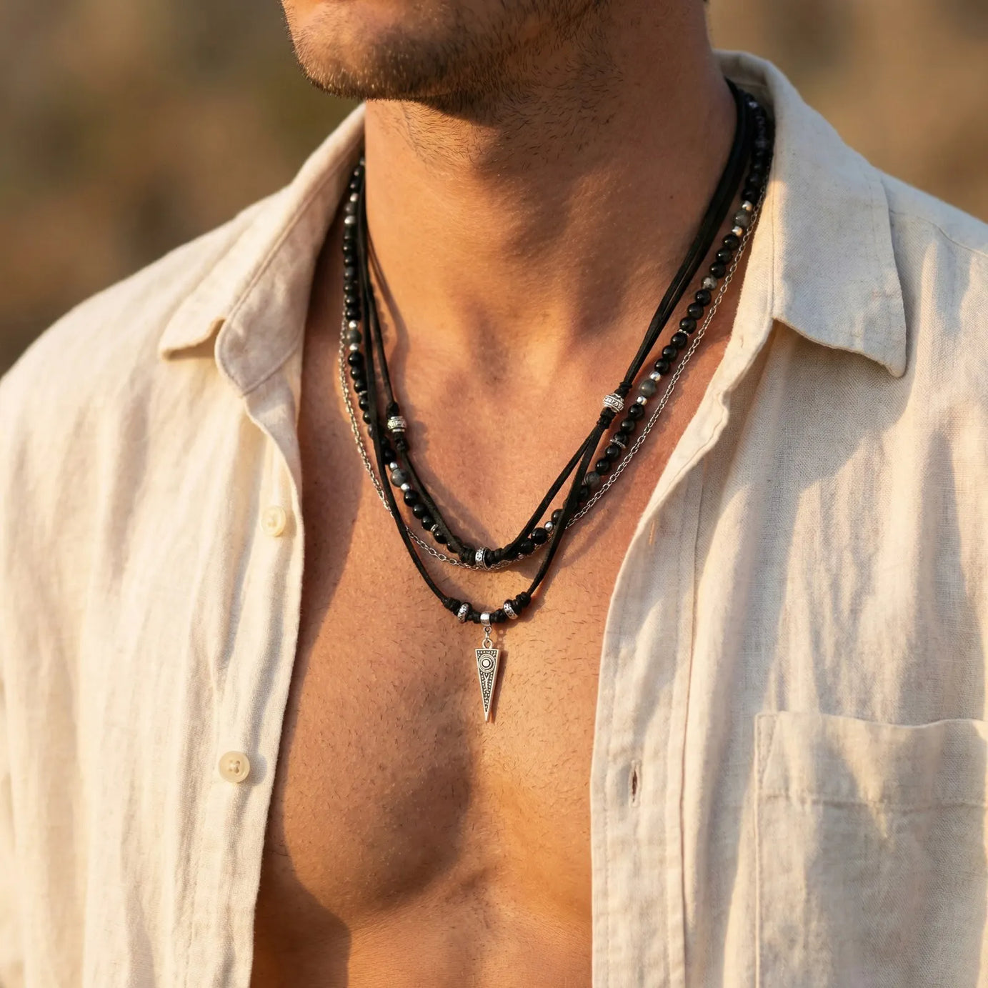 Triangle Onyx Bead Layered Leather Necklace Jewelry