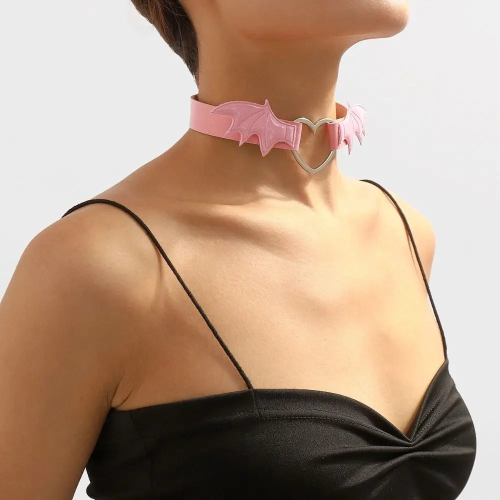 Leather Bat Wings Choker Goth Cute Heart Necklace Punk Gothic Collar Halloween Jewelry Aesthetic Accessories for Women Girls - Charlie Dolly