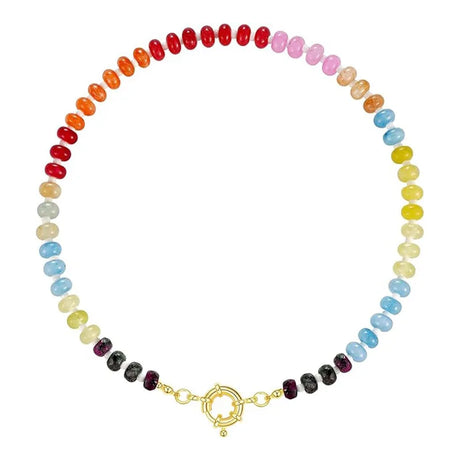 Colorful Boho Natural Stone Surfer Beach Choker 6mm Beaded Gemstone Necklace for Women 14K Gold Plated Handmade Jewelry - Charlie Dolly