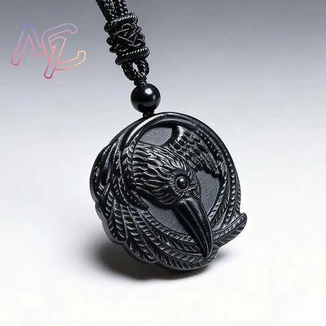 Real Obsidian Crow Pendant Necklace, Natural Gemstone Amulet Talisman