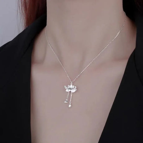 Lotus Tassel Good Luck Pendant, Boho Blessing Necklace