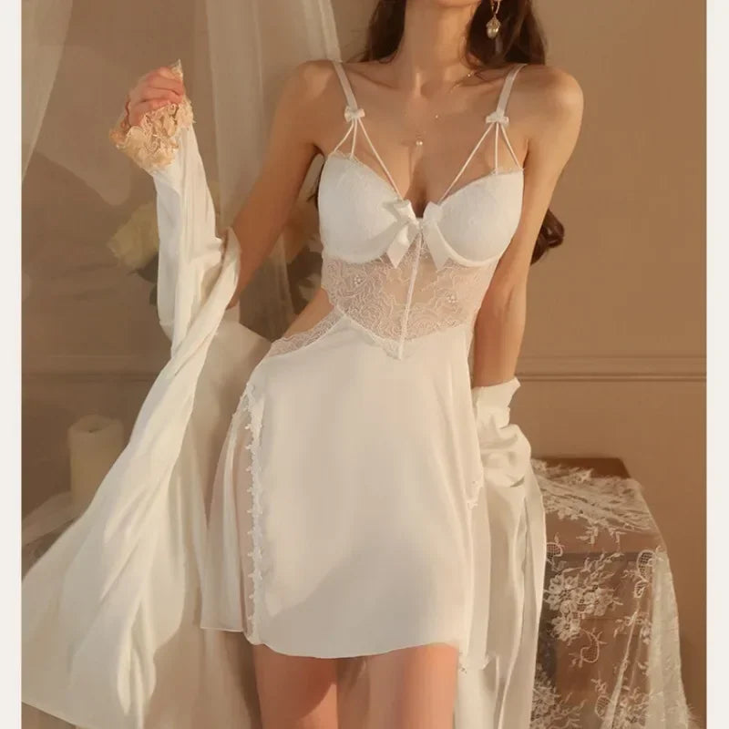 Lace Satin Nightdress Women Spaghetti Straps Nightgowns Deep V Sexy Sleepdress Silk Satin Lingerie Women's Pajamas Home Clothes - Charlie Dolly