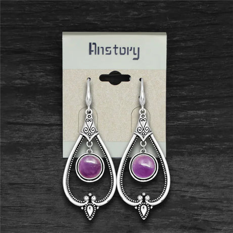 Round Amethysts Drop Earrings For Women Tibetan Silver Natural Stone Rose Quartz Lapis Lazuli Tiger Eye Fashion Dangle Earring - Charlie Dolly