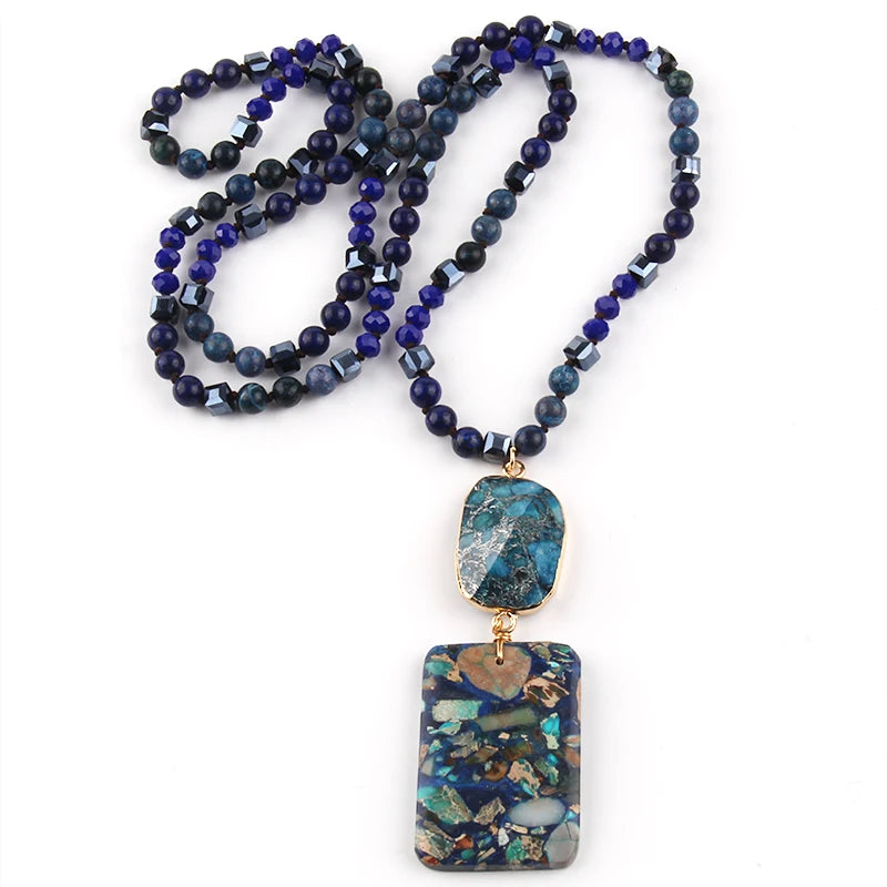 RH Fashion Bohemian Jewelry Natural Stones Crystal Stone Knotted Semi Precious Stone Boho Multi Pendant Necklace Women Gift