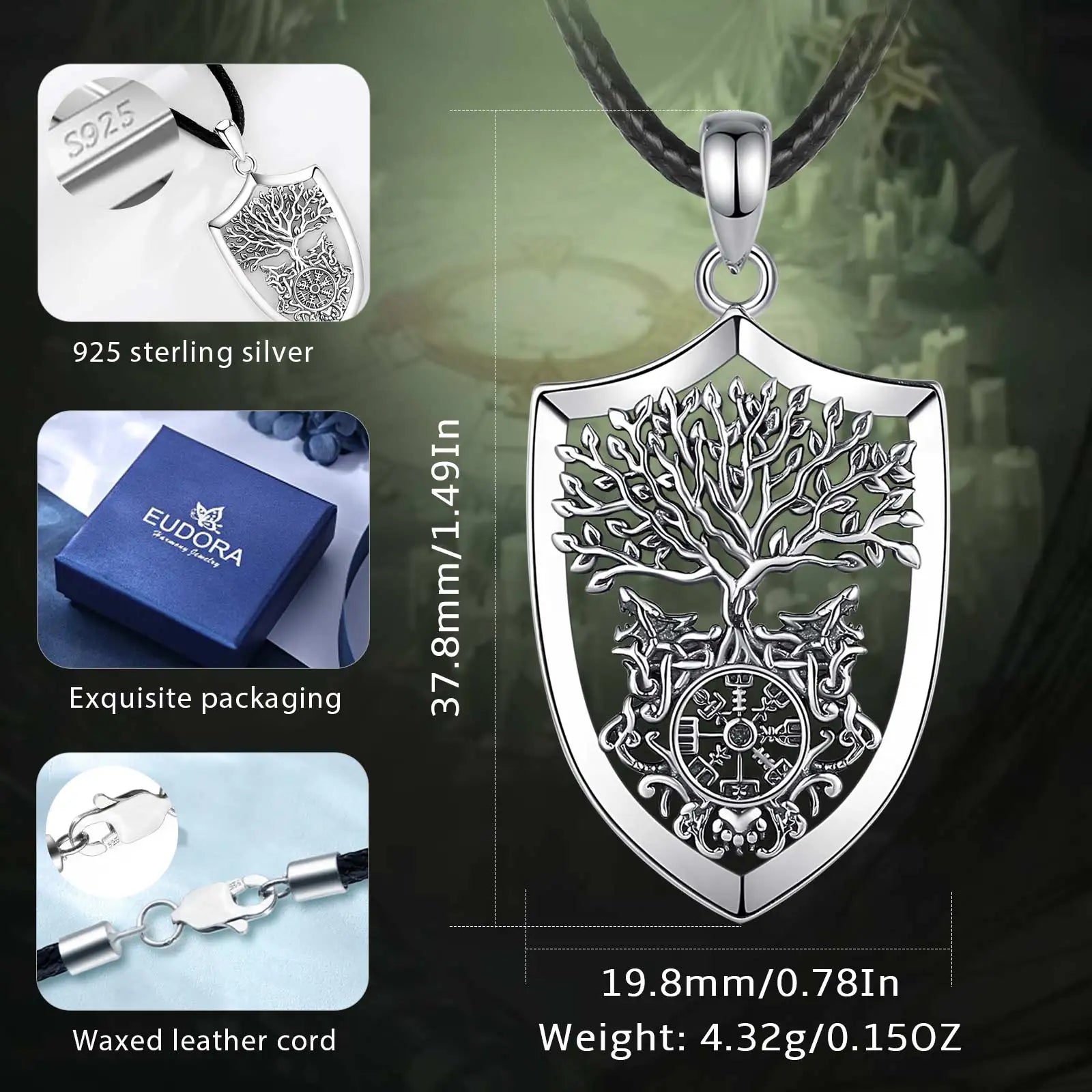 يودورا 925 فضة فايكنغ البوصلة Yggdrasil قلادة شجرة الحياة الذئب تميمة قلادة نورس مجوهرات بسيطة للرجال والنساء