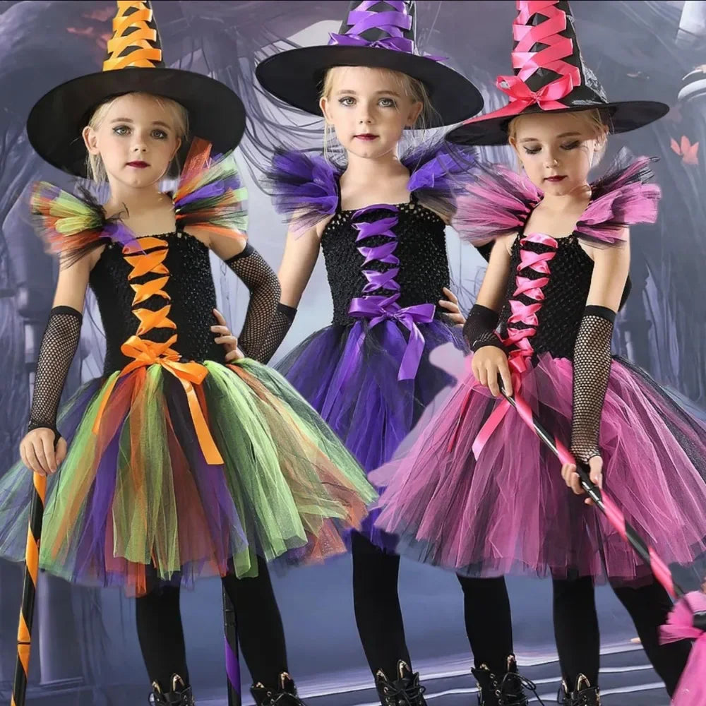 Halloween New Witch Dress Cosplay Costume Dress for Girl Carnival Party Dress Hat Broom Fancy Clothes Suit - Charlie Dolly