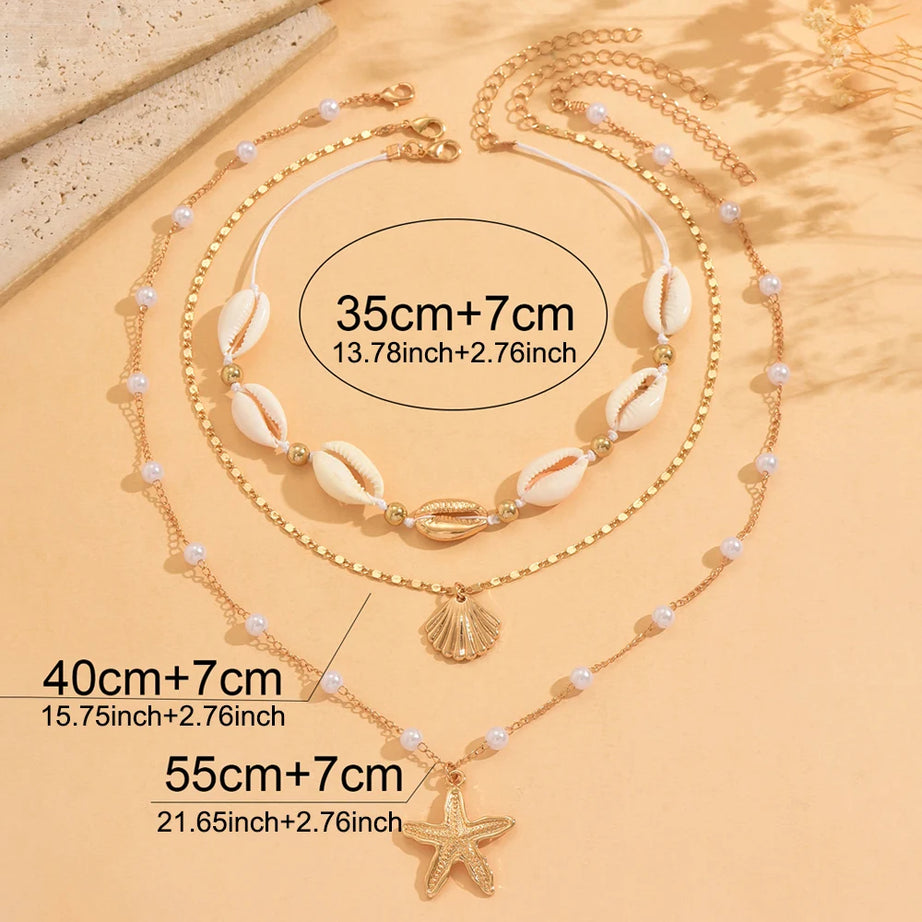 Cowrie Shell and Pearl Layered Boho Necklace Set (3 Pieces)