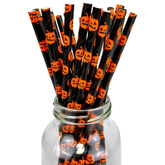 25/50/100pcs Halloween Party Favors Paper Straws Black and Orange Party Biodegradable Drinking Stripe Straws for Halloween