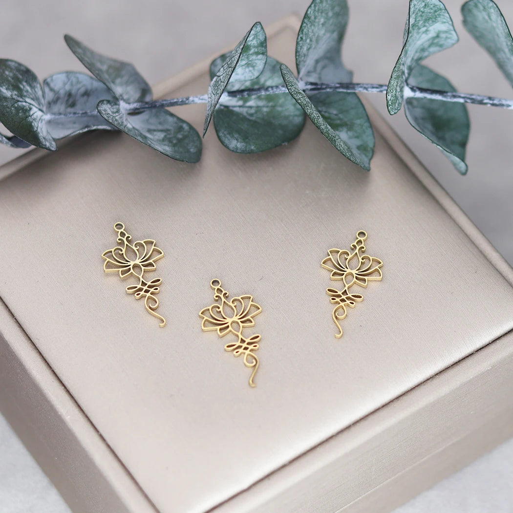 3pcs Exquiaite Amulet Moon Lotus Flower Charms DIY Craft Earrings Necklace Jewelry Making Yogo Buddhism Stainless Steel Pendant