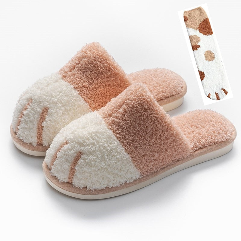 [Free Sock] Super Cute Cat Paw Women Fur Slipers Winter House Bedroom Keep Warm Plush Shoes Non-slip Indoor Women Furry Slippers - Charlie Dolly