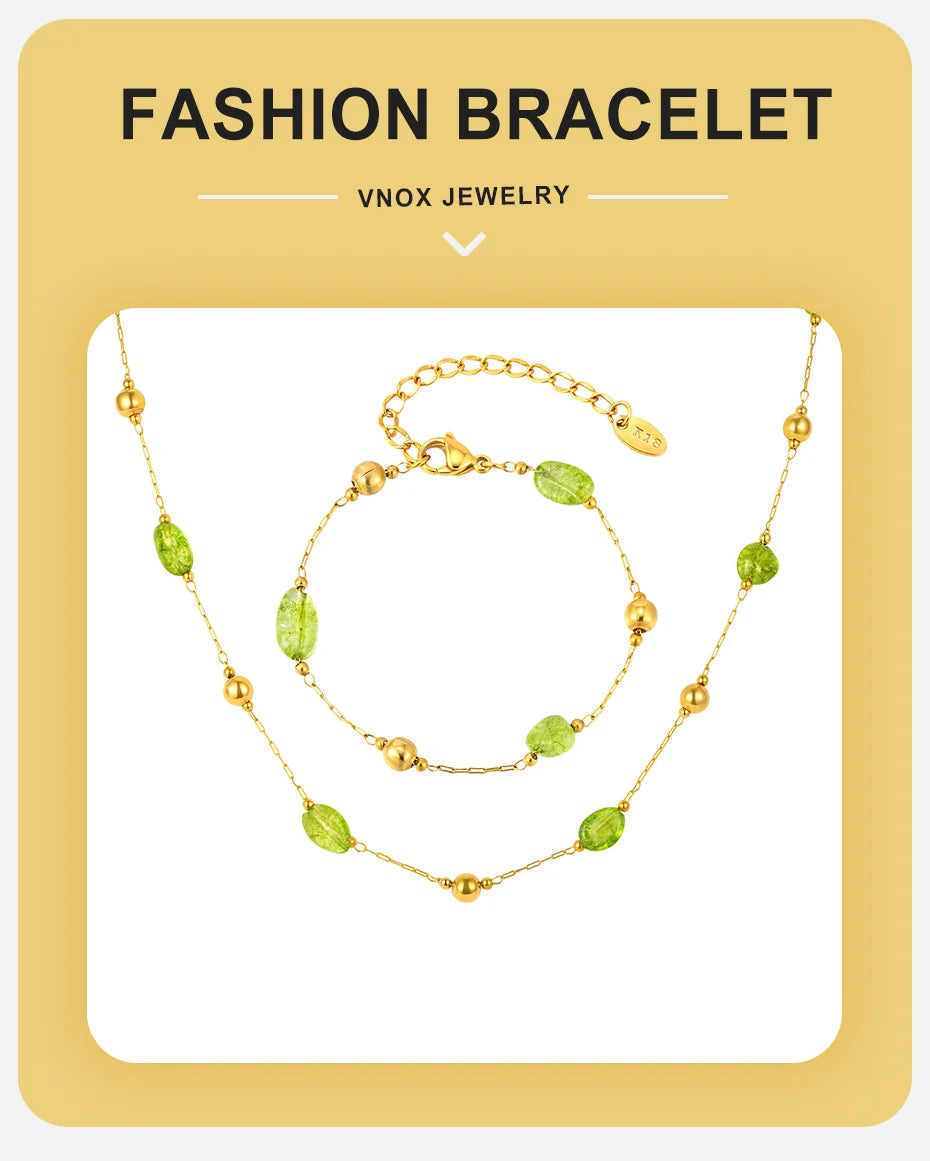 Vnox Stainless Steel Natural Green Stones Spacer Bead Thin Chain Bracelet Summer Boho Seaside Vacation Choker Bracelet Jewelry