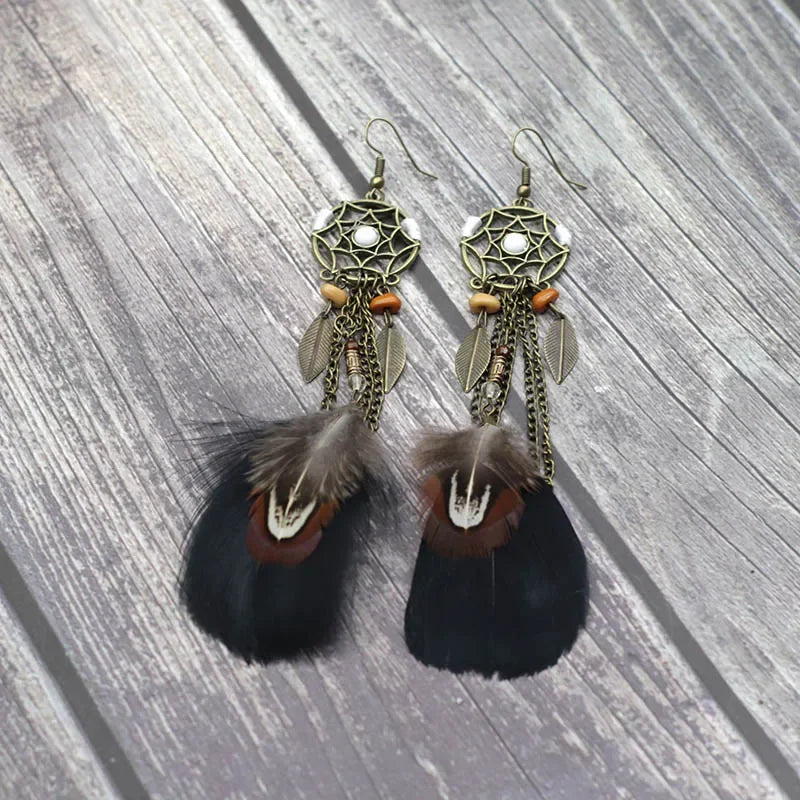 Boho Ethnic Dream Catcher Feather Antique Long Hook Earrings Fancy Handmade Chain Tassle Earring For Women Jewelry