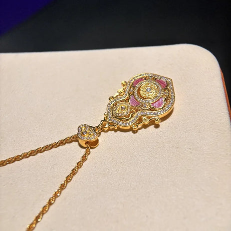 Vintage Ruyi Gourd Lotus Pendant, Chinese Court-Style Blessing Necklace