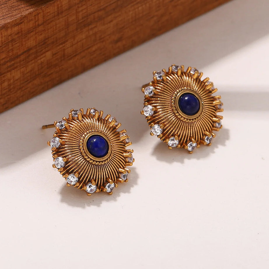 Women's Vintage Gold Plated Lapis Lazuli Sunburst Stud Earrings with Zircon Crystal Accents, Fashion Jewelry Gift - Charlie Dolly