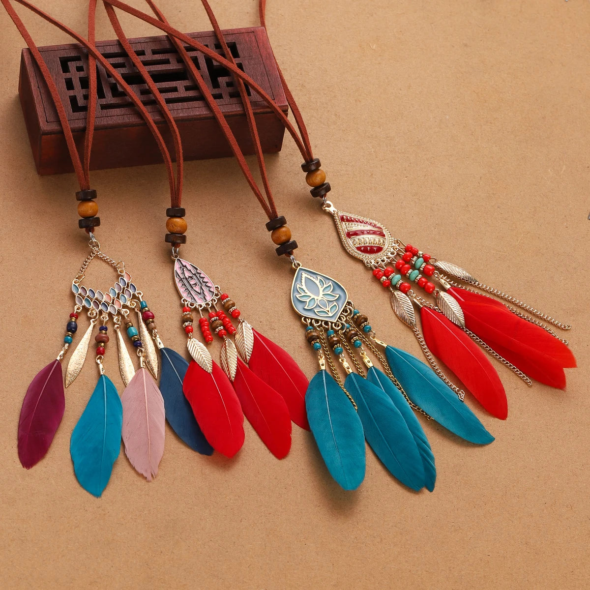 Rope Bead Feather Pendant Long Necklace Jewelry