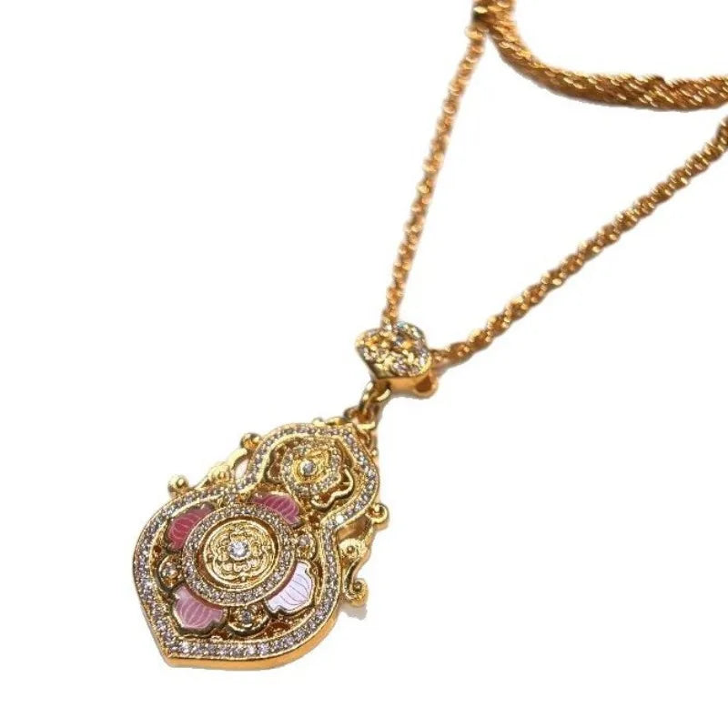 Vintage Ruyi Buckle Gourd Pendant Necklace Diamond inlay Court style Lotus flower Pink collar chain Wedding fine Jewelry