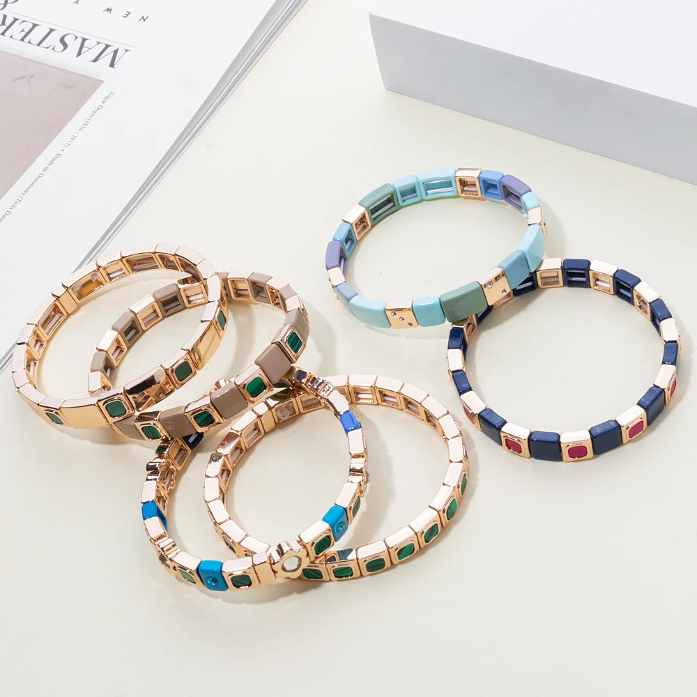 2023 New Design 8x8mm Inlaid Nature Stone Bracelets For Women Gold Color Boho Elastic Bangle Handmade Inlaid Diamond Jewelry