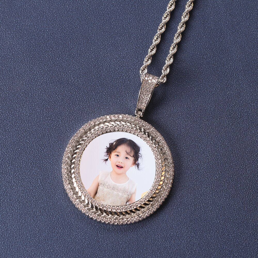 Personalized Iced Out Photo Frame Round Cubic Zircon Memorial Picture Pendant Photo Necklace - Charlie Dolly