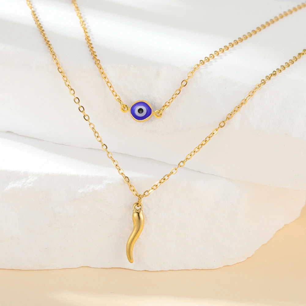 Dawapara Italian Horn and Blue Evil Eye Charm Necklace Double Layer Women Necklace Spiritual Protection Amulet Religious Jewelry