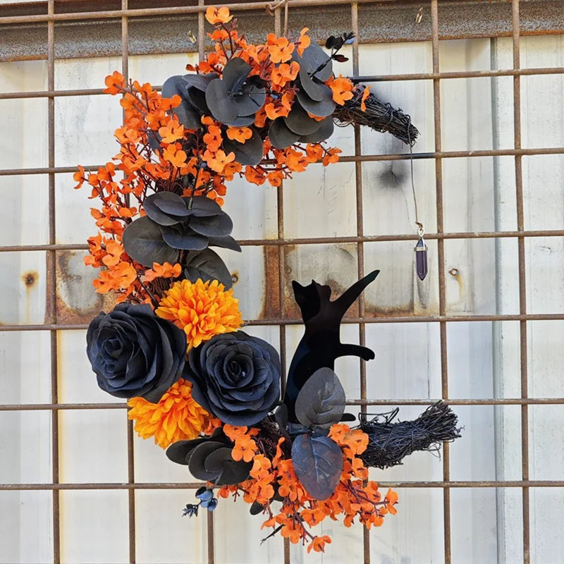 Halloween Signs Moon Shaped Door Wreaths Goth Roses Black Cats Garland Front Door Ornament Halloween Decor - Charlie Dolly