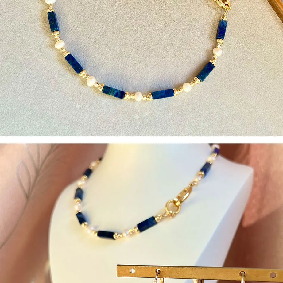 Exclusive Design Personalized Natural Freshwater Pearl Lapis lazuli Necklace Bracelet Earrings Copper Plated 14k Gold Accessorie - Charlie Dolly