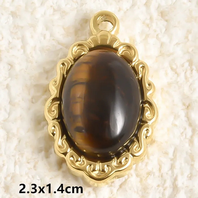 5pcs Real Natural Stone Tiger Eye Charm Sun Eye Oval Boho Pendant Gold Color Stainless Steel Pendants For Jewelry Making Finding